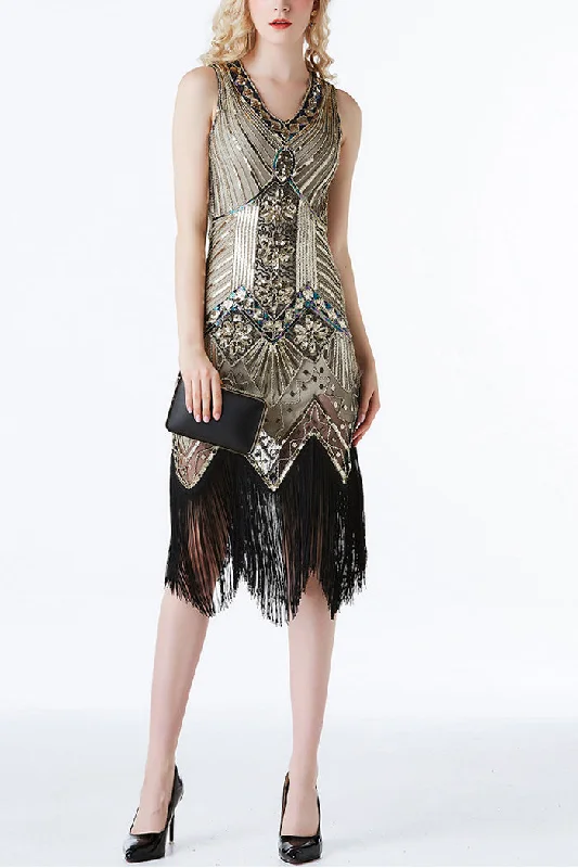 Midi dresses with gathered skirts for a full and flowing silhouette Gold Glitter Fringe 1920s Flapper Dress Midi dresses with gathered skirts for a full and flowing silhouette Gold Glitter Fringe 1920s Flapper Dress