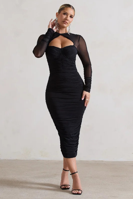 Midi dresses with sheer panels for a touch of allure Mojito | Black Ruched Cut-Out Long-Sleeve Midi Dress Midi dresses with sheer panels for a touch of allure Mojito | Black Ruched Cut-Out Long-Sleeve Midi Dress