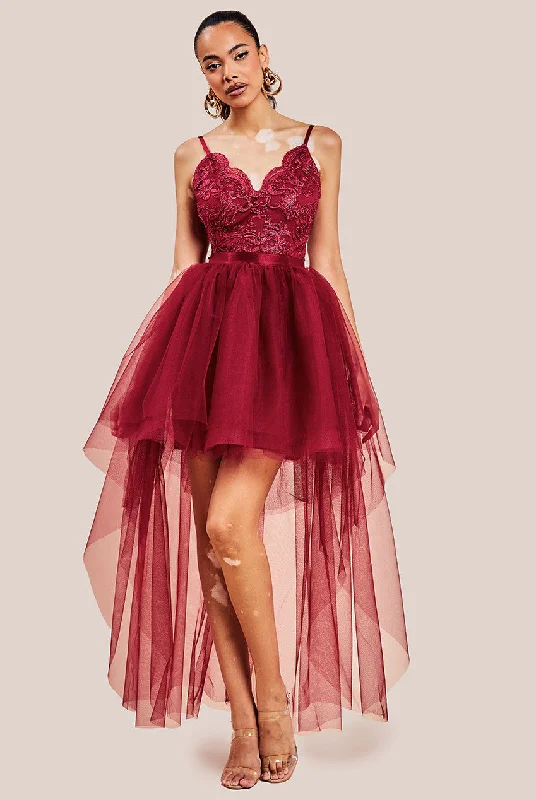 Mini dresses with keyhole necklines Goddiva High Low Tulle Mini With Lace Bodice - Wine Mini dresses with keyhole necklines Goddiva High Low Tulle Mini With Lace Bodice - Wine