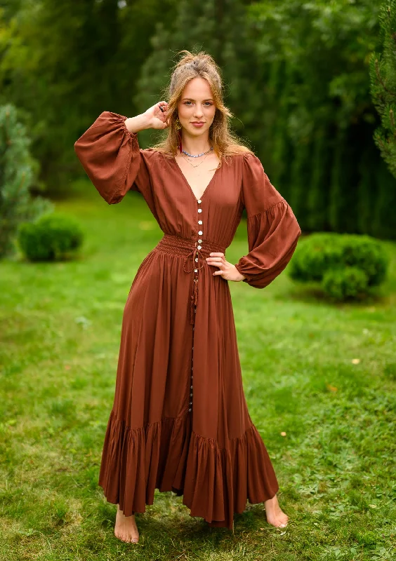 Midi dresses with metallic threads for a glamorous evening event Simona Brown Dress