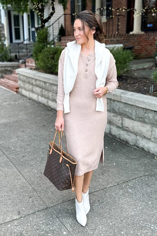 Midi dresses with sheer panels for a touch of allure Kimber Midi Sweater Dress in Latte (Final Sale) Midi dresses with sheer panels for a touch of allure Kimber Midi Sweater Dress in Latte (Final Sale)