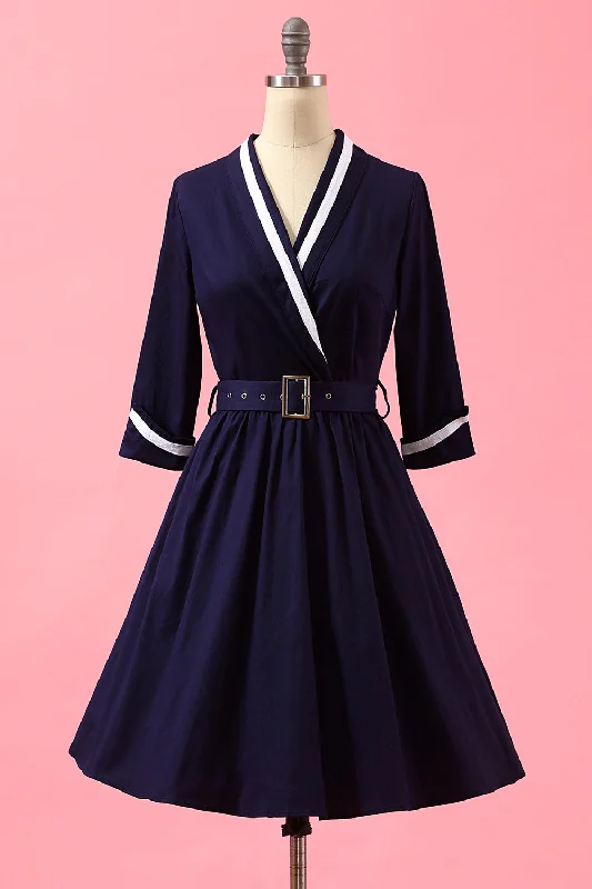 Midi dresses with button - front designs for a classic touch Navy Blue Patchwork V Neck Casual Wrap Dress Midi dresses with button - front designs for a classic touch Navy Blue Patchwork V Neck Casual Wrap Dress