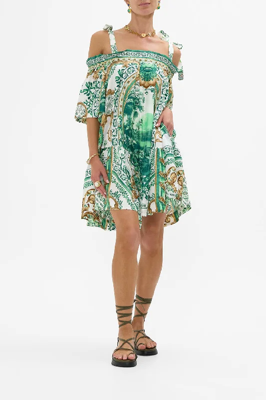 Mini dresses with abstract prints for an artistic look OFF SHOULDER FRILL DRESS WITH STRAPS CORRIDOR OF CALM Mini dresses with abstract prints for an artistic look OFF SHOULDER FRILL DRESS WITH STRAPS CORRIDOR OF CALM