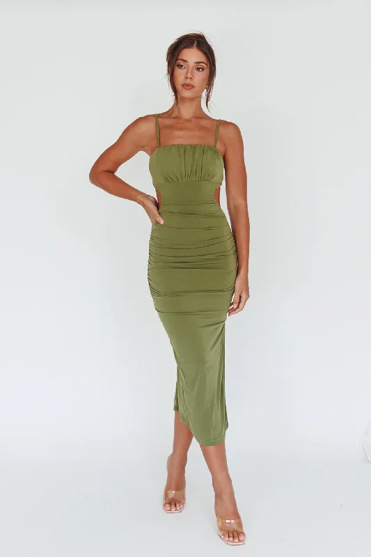 Midi dresses with belted waists to accentuate the figure Mary Jane Gathered Bust Tie Back Midi Dress Olive