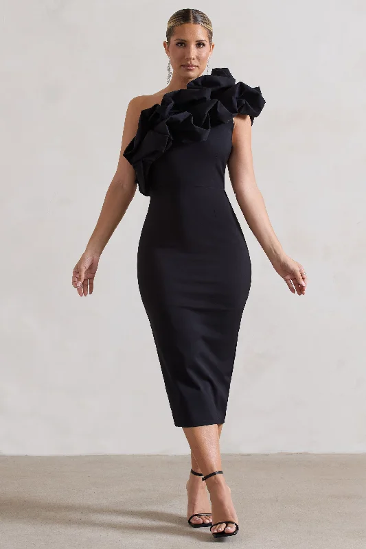Midi dresses with puff sleeves for a vintage - inspired look Orchestra | Black One Shoulder Ruffled Midi Dress Midi dresses with puff sleeves for a vintage - inspired look Orchestra | Black One Shoulder Ruffled Midi Dress