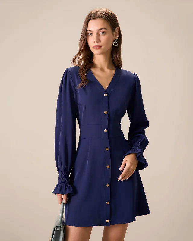 Mini dresses with high - low hems for a modern twist Women's Navy Ruffle Long Sleeve Mini Dress Mini dresses with high - low hems for a modern twist Women's Navy Ruffle Long Sleeve Mini Dress