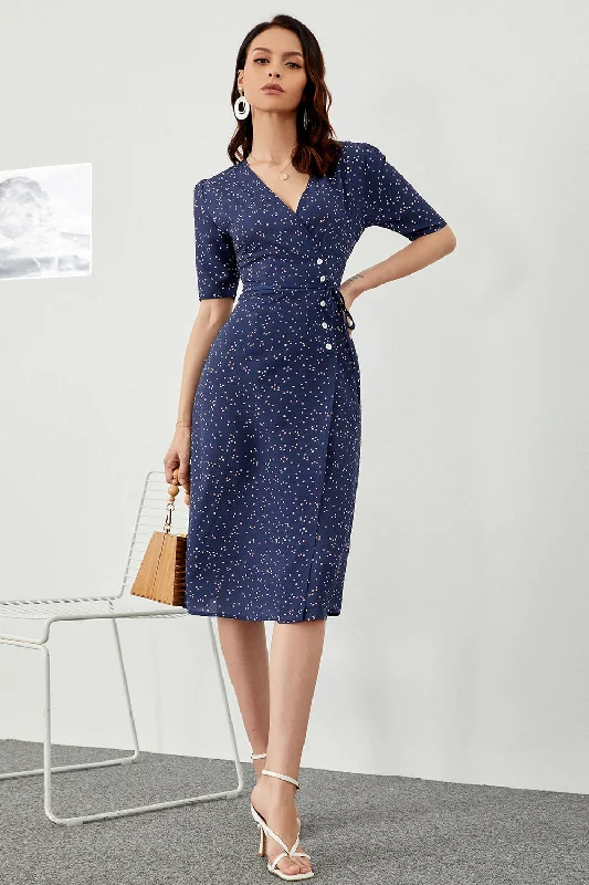Midi dresses with denim fabric for a casual yet stylish day out Navy Polka Dots Midi Summer Wrap Dress Midi dresses with denim fabric for a casual yet stylish day out Navy Polka Dots Midi Summer Wrap Dress