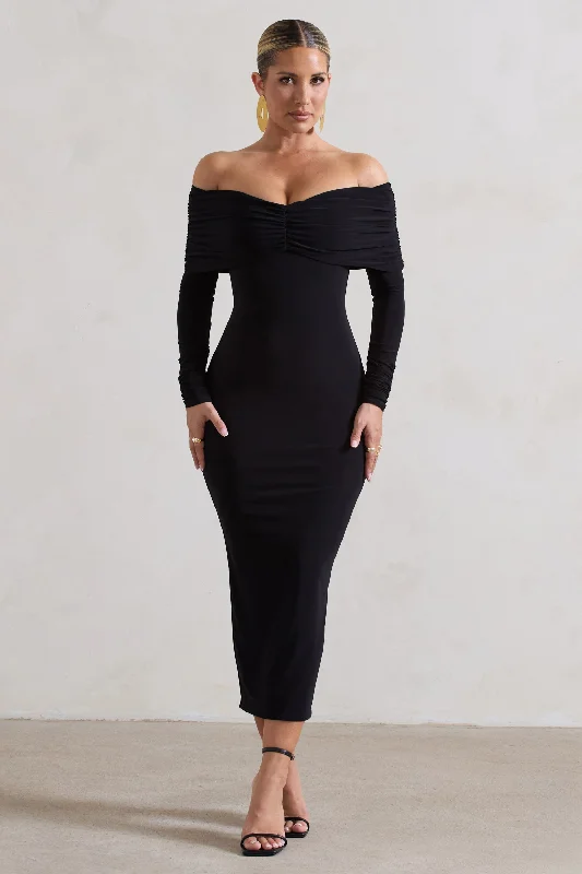 Midi dresses with satin - finish fabrics for a luxurious feel Marcella | Black Bodycon Bardot Midi Dress Midi dresses with satin - finish fabrics for a luxurious feel Marcella | Black Bodycon Bardot Midi Dress