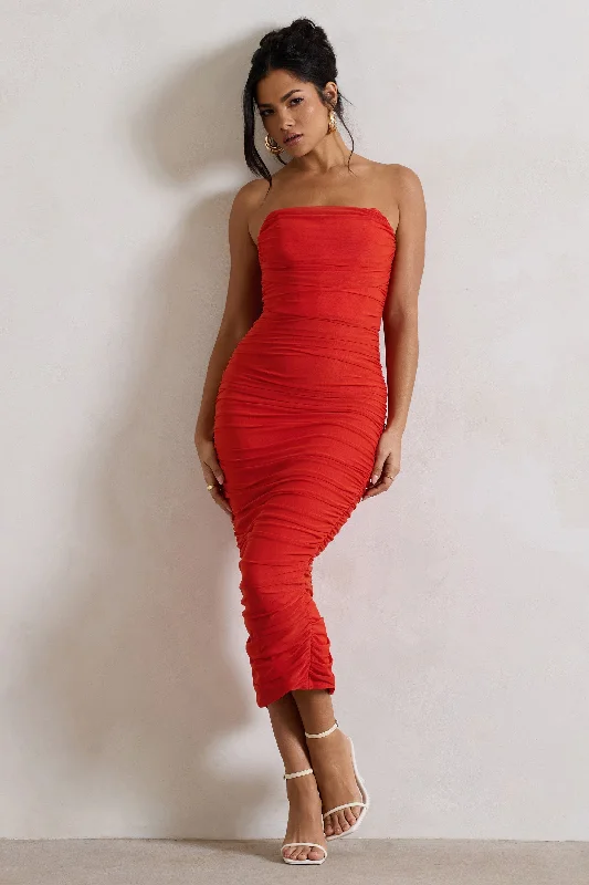 Midi dresses with denim fabric for a casual yet stylish day out Nylah | Orange Ruched Corset Bodycon Midi Dress Midi dresses with denim fabric for a casual yet stylish day out Nylah | Orange Ruched Corset Bodycon Midi Dress