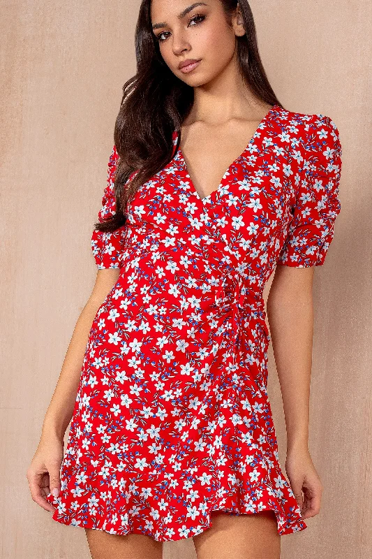 Ruffled mini dresses for a romantic touch Nia Red Floral Frill Dress