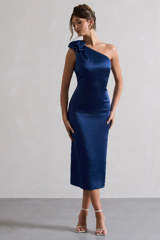 Midi dresses with button - down skirts for a unique and functional design Ascot | Navy Satin One Shoulder Midi Dress With Corsage Midi dresses with button - down skirts for a unique and functional design Ascot | Navy Satin One Shoulder Midi Dress With Corsage