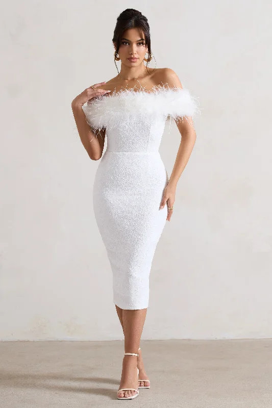 Velvet midi dresses in jewel tones for a glamorous winter event Maiden | White Lace Bardot Midi Dress With Feather Trim Velvet midi dresses in jewel tones for a glamorous winter event Maiden | White Lace Bardot Midi Dress With Feather Trim