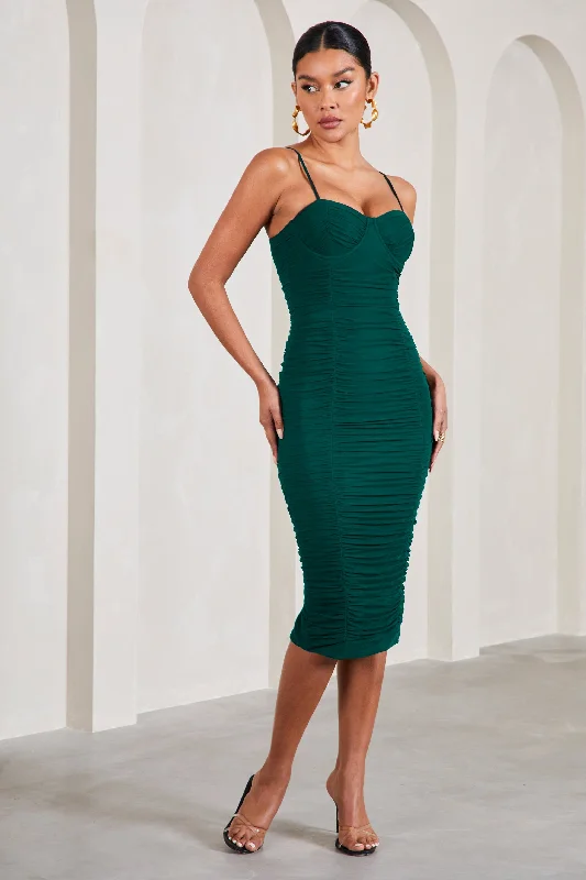 Midi dresses with polka dot prints for a playful summer outfit Love Tapes | Dark Green Corset Mesh Midi Dress Midi dresses with polka dot prints for a playful summer outfit Love Tapes | Dark Green Corset Mesh Midi Dress