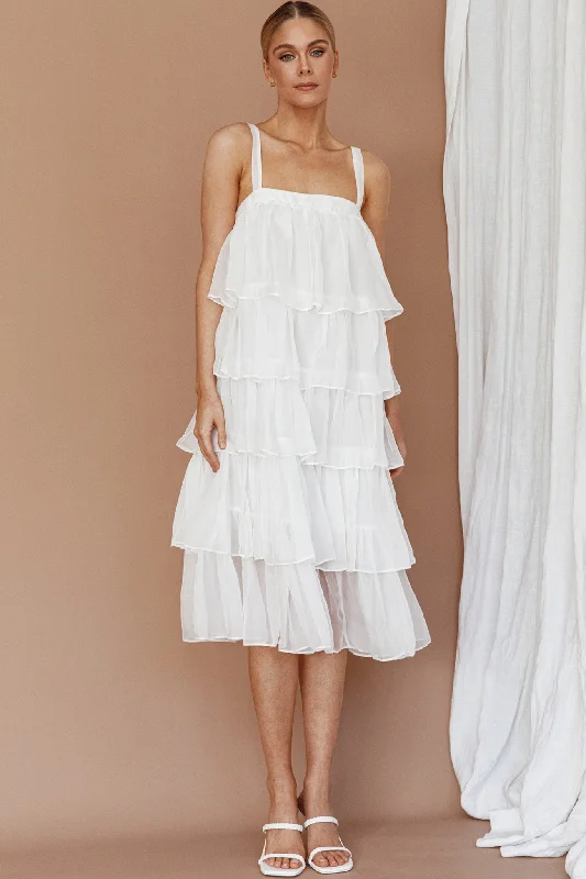 Midi dresses with sheer panels for a touch of allure Merry Layered Frill Midi Dress White Midi dresses with sheer panels for a touch of allure Merry Layered Frill Midi Dress White