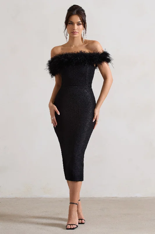 Midi dresses with tassel accents for a bohemian and free - spirited style Maiden | Black Lace Bardot Midi Dress With Feather Trim Midi dresses with tassel accents for a bohemian and free - spirited style Maiden | Black Lace Bardot Midi Dress With Feather Trim