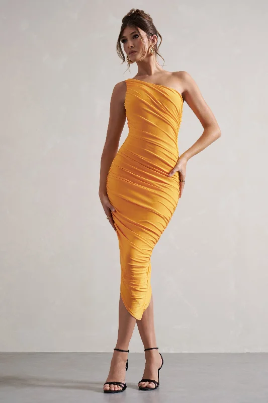 Maxi - inspired midi dresses with flowing fabrics for a beachy vibe Dorit | Mango One Shoulder Asymmetric Ruched Midi Dress Maxi - inspired midi dresses with flowing fabrics for a beachy vibe Dorit | Mango One Shoulder Asymmetric Ruched Midi Dress