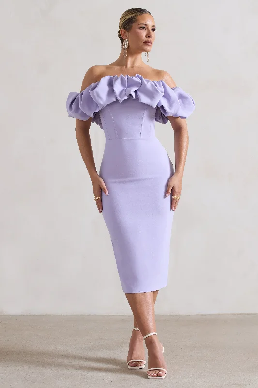 A - line midi dresses with floral prints for spring brunches Amie | Lilac Structured Ruffle Bardot Midi Dress A - line midi dresses with floral prints for spring brunches Amie | Lilac Structured Ruffle Bardot Midi Dress