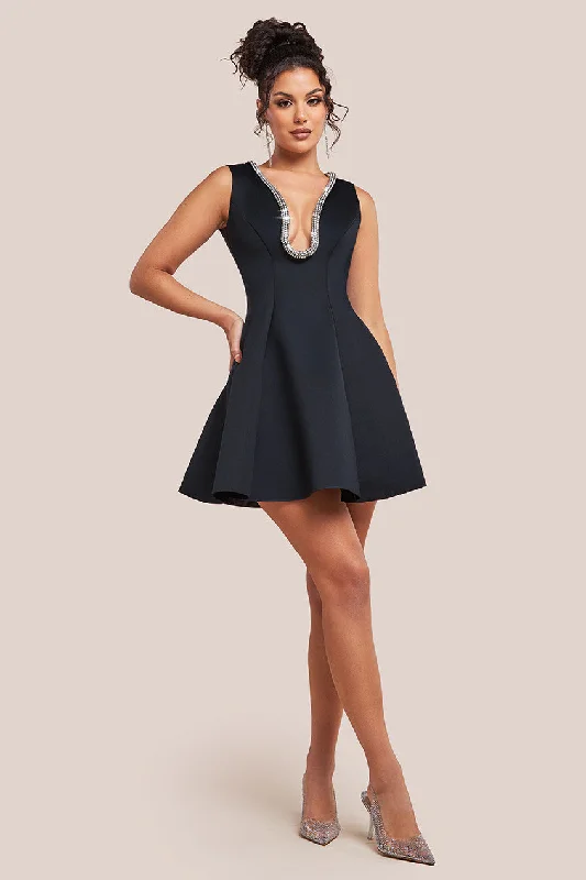 Mini dresses with patchwork designs for a unique style Diamante Embellished Neck A-Line Mini Dress - Black by Goddiva Mini dresses with patchwork designs for a unique style Diamante Embellished Neck A-Line Mini Dress - Black by Goddiva