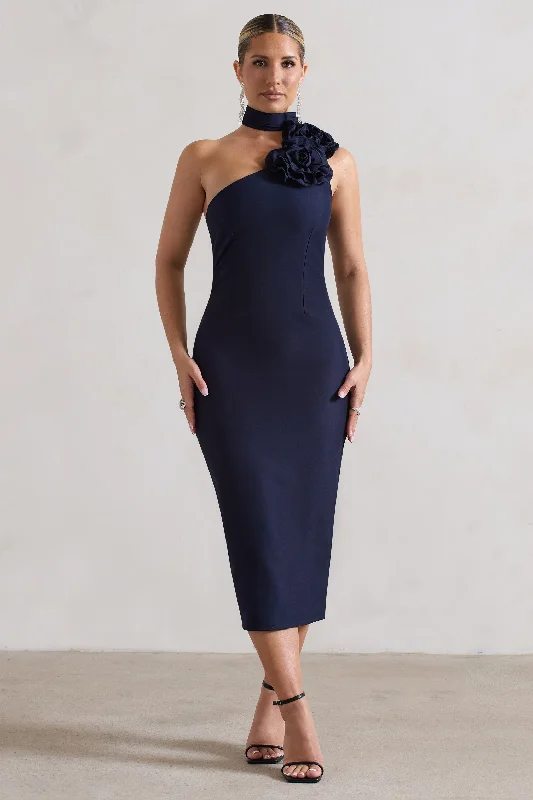 Midi dresses with one - shoulder designs for a modern and asymmetric style The Soiree | Navy Bodycon Midi Dress With Ruffled Choker Midi dresses with one - shoulder designs for a modern and asymmetric style The Soiree | Navy Bodycon Midi Dress With Ruffled Choker