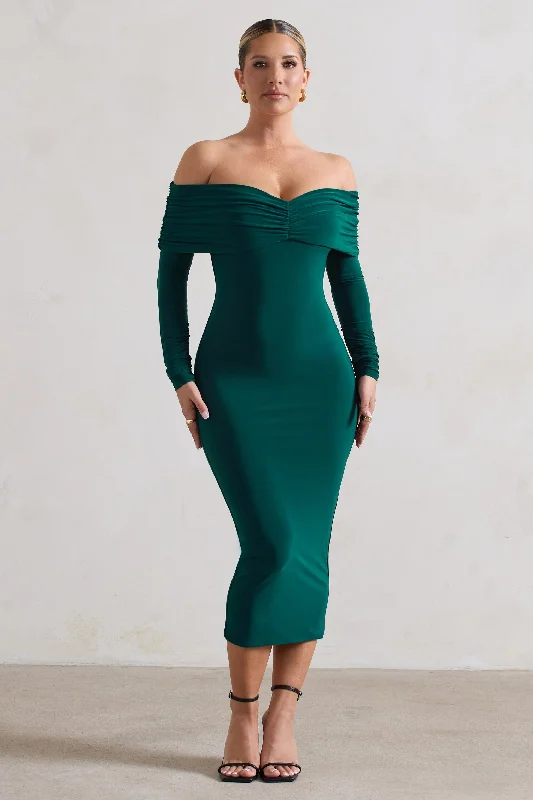 Midi dresses with ruffled bodices for a more pronounced feminine look Marcella | Bottle Green Bodycon Bardot Midi Dress Midi dresses with ruffled bodices for a more pronounced feminine look Marcella | Bottle Green Bodycon Bardot Midi Dress