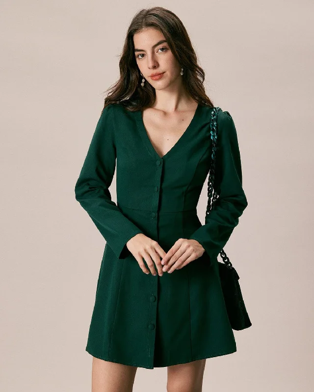 Mini dresses with cold - shoulder designs The Green V Neck Button Shirt Mini Dress