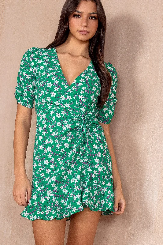 Mini dresses with bow accents for a sweet look Nia Green Floral Frill Dress