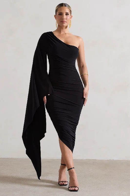 Sheath midi dresses with beaded embellishments for a formal occasion Halsey | Black Ruched One Shoulder Cape Sleeve Asymmetric Midi Dress Sheath midi dresses with beaded embellishments for a formal occasion Halsey | Black Ruched One Shoulder Cape Sleeve Asymmetric Midi Dress