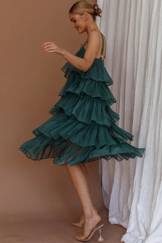 Midi dresses with button - down skirts for a unique and functional design Merry Layered Frill Midi Dress Turtle Green Midi dresses with button - down skirts for a unique and functional design Merry Layered Frill Midi Dress Turtle Green