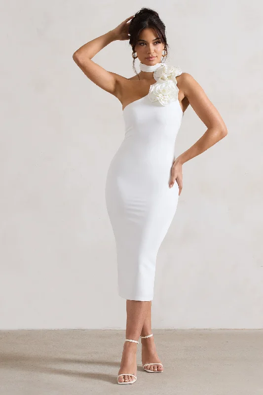 Midi dresses with pom - pom trims for a playful and festive look The Soiree | White Bodycon Midi Dress With Ruffled Choker Midi dresses with pom - pom trims for a playful and festive look The Soiree | White Bodycon Midi Dress With Ruffled Choker