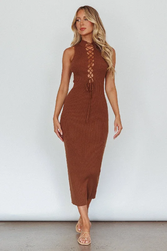 Midi dresses with lace - up fronts for a unique and adjustable style Brand New Day Lace-Up Bust Knit Midi Dress Chocolate