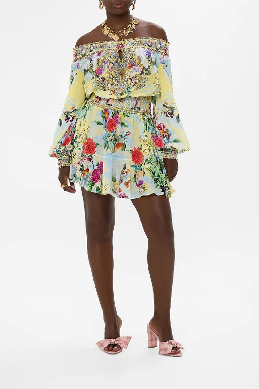 Mini dresses with belted waists for a defined silhouette OFF SHOULDER SHORT DRESS FLOR FANTÁSTICA Mini dresses with belted waists for a defined silhouette OFF SHOULDER SHORT DRESS FLOR FANTÁSTICA
