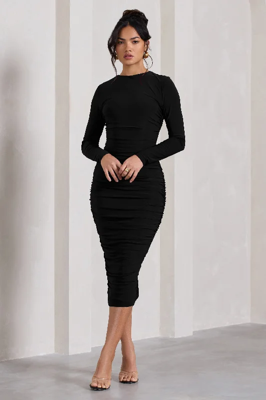 Midi dresses with off - the - shoulder necklines for a flirty look Emilie | Black Ruched Long-Sleeve Midi Dress Midi dresses with off - the - shoulder necklines for a flirty look Emilie | Black Ruched Long-Sleeve Midi Dress