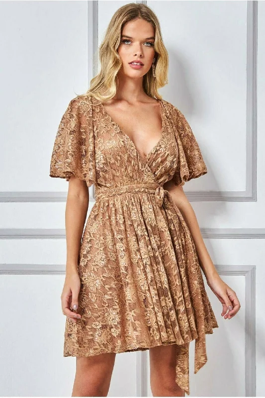 Mini dresses with one - shoulder designs Goddiva Lace Kimono Wrap Skater Mini Dress - Tan Mini dresses with one - shoulder designs Goddiva Lace Kimono Wrap Skater Mini Dress - Tan