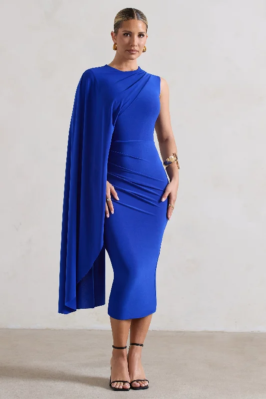 Midi dresses with bow accents for a sweet and charming look Reveal | Royal Blue One-Sleeve Cape Midi Dress Midi dresses with bow accents for a sweet and charming look Reveal | Royal Blue One-Sleeve Cape Midi Dress