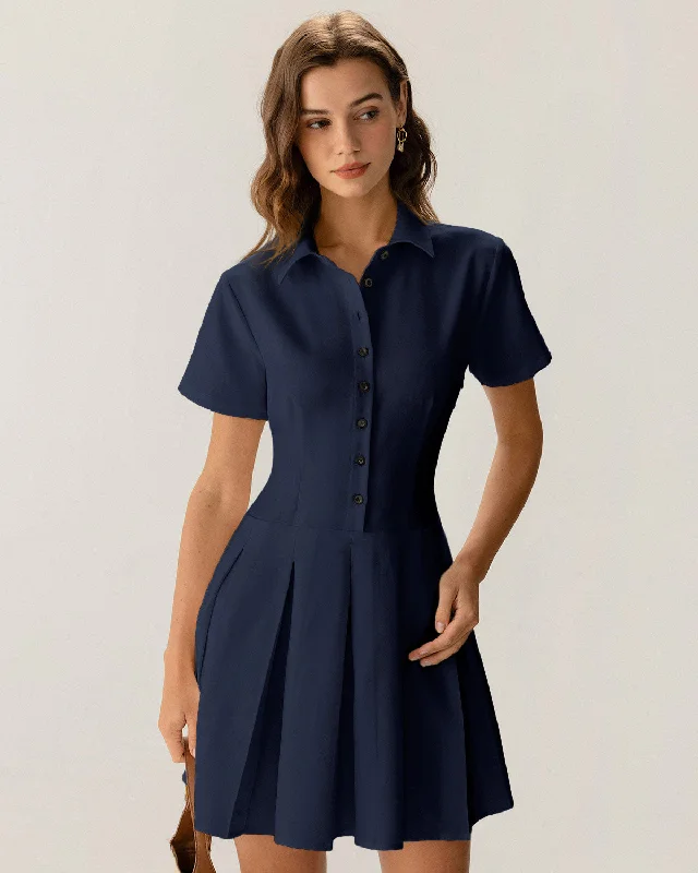 Cotton mini dresses for a comfortable everyday option Navy Button Pleated Mini Dress Cotton mini dresses for a comfortable everyday option Navy Button Pleated Mini Dress