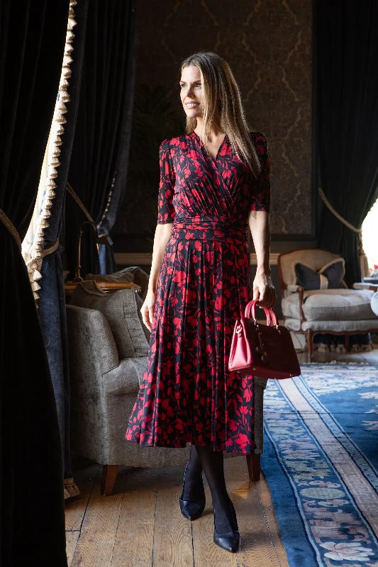 High - low midi dresses with geometric patterns for a modern party Leaf Print Wrap Bodice Midi Dress High - low midi dresses with geometric patterns for a modern party Leaf Print Wrap Bodice Midi Dress