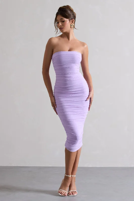 Midi dresses with geometric cutouts for a contemporary and edgy look My Girl | Lilac Strapless Bodycon Ruched Mesh Midi Dress