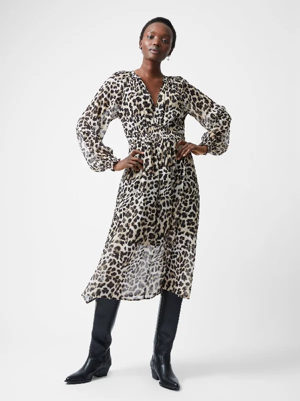 Midi dresses with ruched bodices for a feminine and fitted feel Leopard Print Georgette Long Sleeve Dress Midi dresses with ruched bodices for a feminine and fitted feel Leopard Print Georgette Long Sleeve Dress