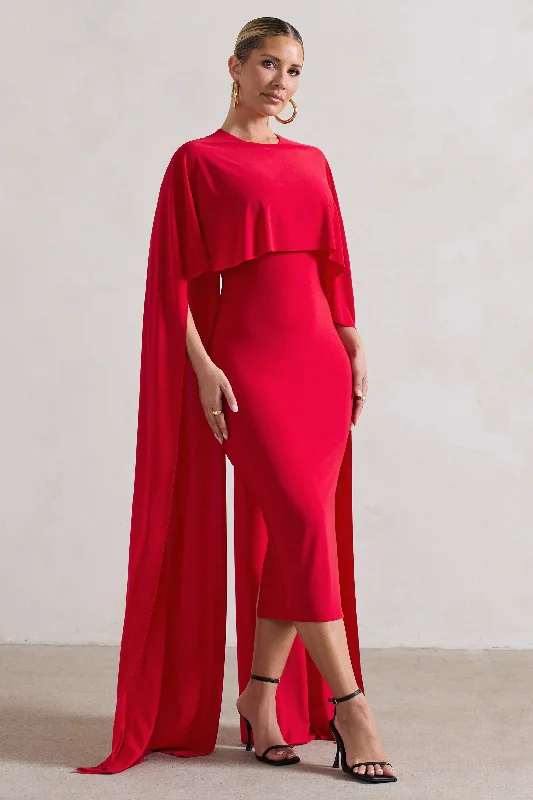 A - line midi dresses with floral prints for spring brunches Camellia | Red Midi Dress With High-Low Cape A - line midi dresses with floral prints for spring brunches Camellia | Red Midi Dress With High-Low Cape