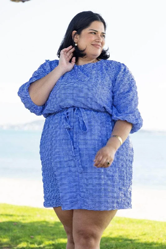 Mini dresses with geometric prints for a modern aesthetic Zion Shift Dress Blue