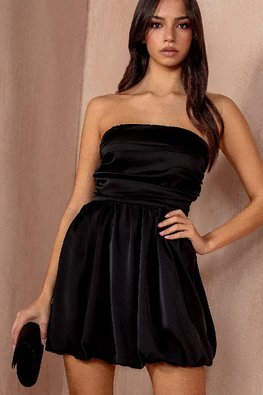 Denim mini dresses with distressed details Aoife Black Satin Puffball Dress