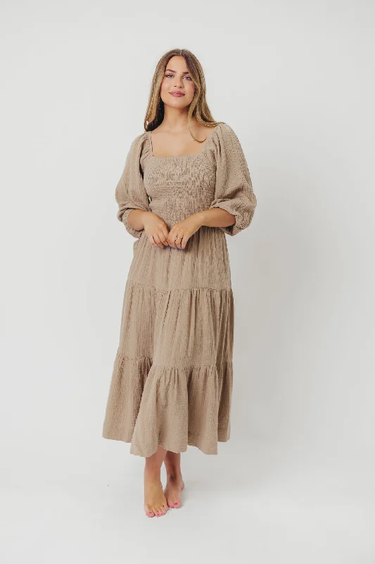 Midi dresses with fringe details for a fun and energetic style Taylor Cotton Smocked Midi Dress with Tiered Skirt in Pumice - Inclusive Sizing Midi dresses with fringe details for a fun and energetic style Taylor Cotton Smocked Midi Dress with Tiered Skirt in Pumice - Inclusive Sizing