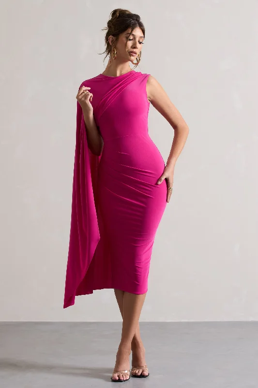 Midi dresses with patchwork patterns for a one - of - a - kind style Reveal | Dark Pink One-Sleeve Cape Midi Dress Midi dresses with patchwork patterns for a one - of - a - kind style Reveal | Dark Pink One-Sleeve Cape Midi Dress