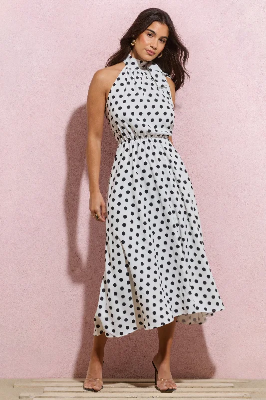 Midi dresses with embroidered accents for a unique and detailed design Winona | White Polka Dot High-Neck Split Midi Dress With Bow Midi dresses with embroidered accents for a unique and detailed design Winona | White Polka Dot High-Neck Split Midi Dress With Bow