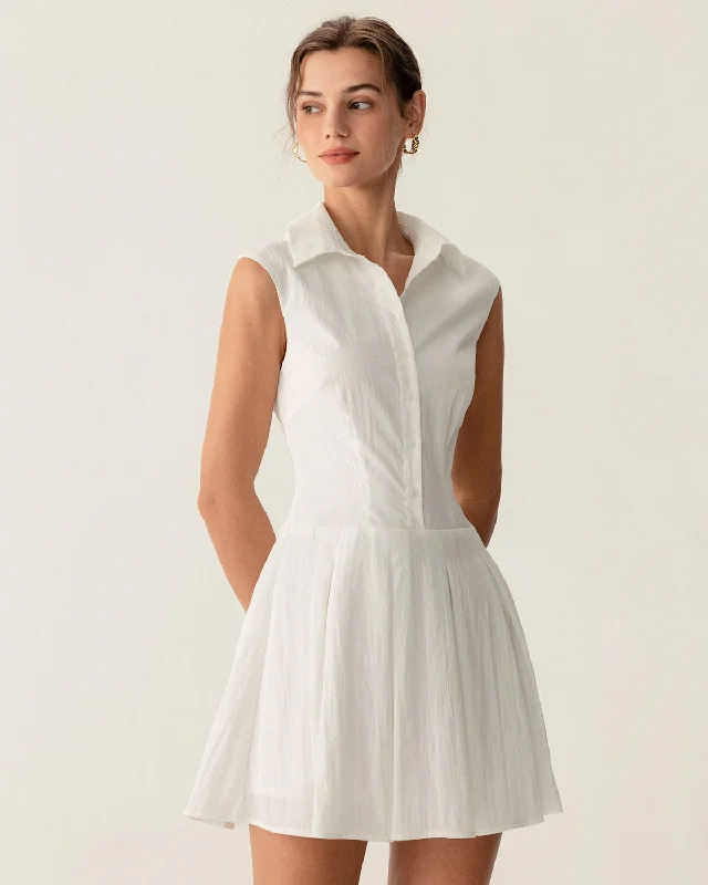 Satin mini dresses for a luxurious feel White Button A-Line Sleeveless Mini Dress