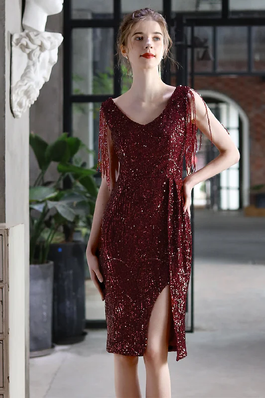 Midi dresses with ruffled hems for a romantic date night Burgundy Bodycon Sequin Cocktail Party Dress with Fringe Midi dresses with ruffled hems for a romantic date night Burgundy Bodycon Sequin Cocktail Party Dress with Fringe