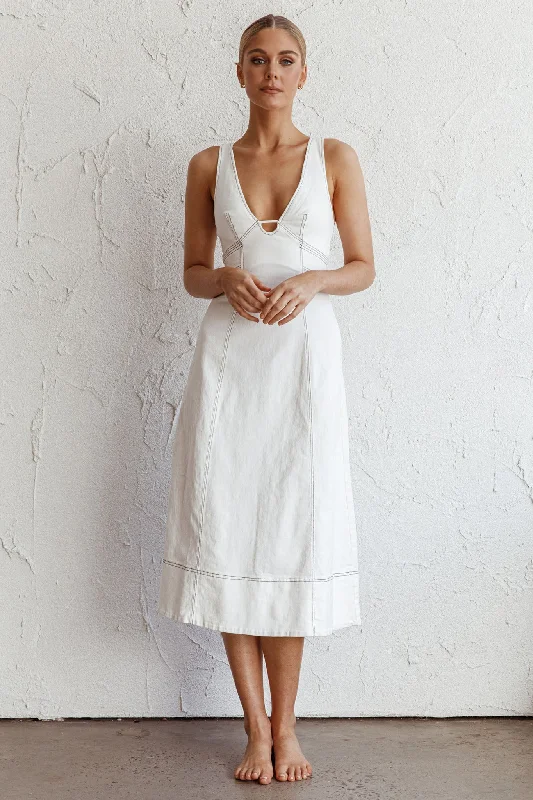 Midi dresses with ruched sleeves for a more fitted and stylish arm look Elias Decorative Stitch Midi Dress White Midi dresses with ruched sleeves for a more fitted and stylish arm look Elias Decorative Stitch Midi Dress White