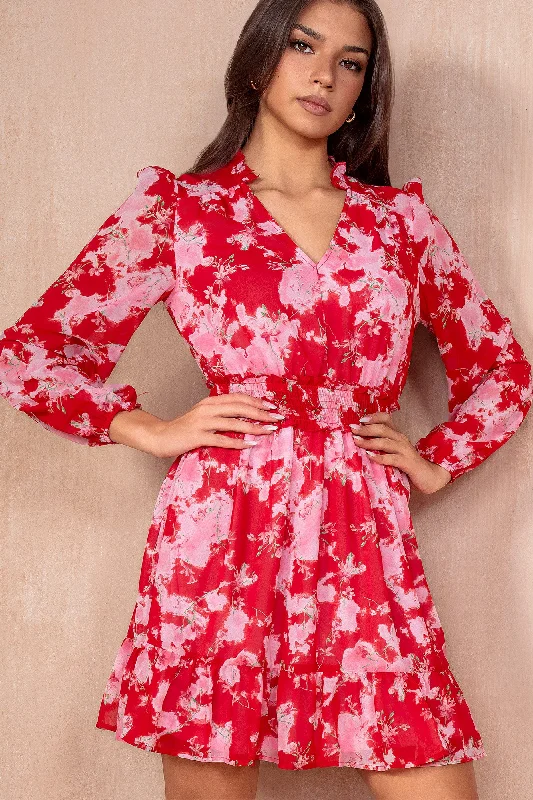 Mini dresses with empire waists for a flattering fit Jazzy Red Chiffon Print Dress