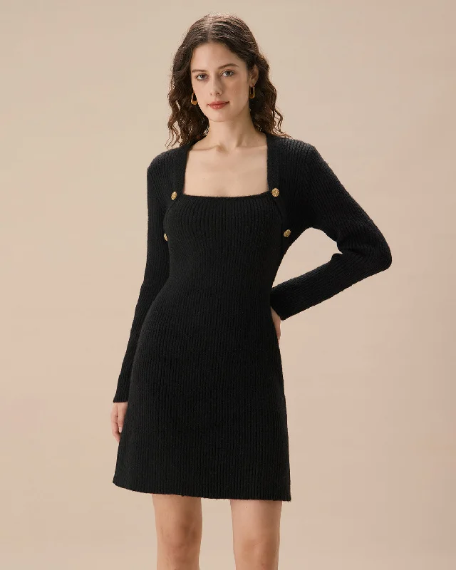 Satin mini dresses for a luxurious feel Black Square Neck Button Sweater Dress