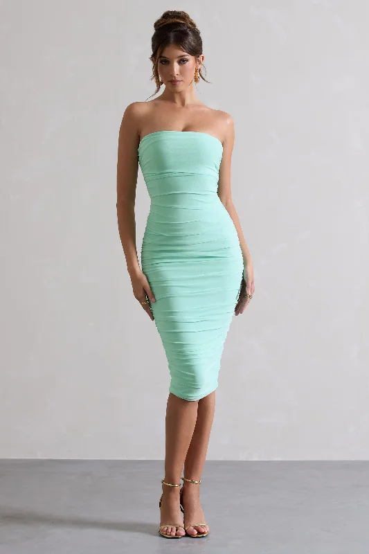Midi dresses with pom - pom trims for a playful and festive look My Girl | Iced Green Strapless Bodycon Ruched Mesh Midi Dress Midi dresses with pom - pom trims for a playful and festive look My Girl | Iced Green Strapless Bodycon Ruched Mesh Midi Dress